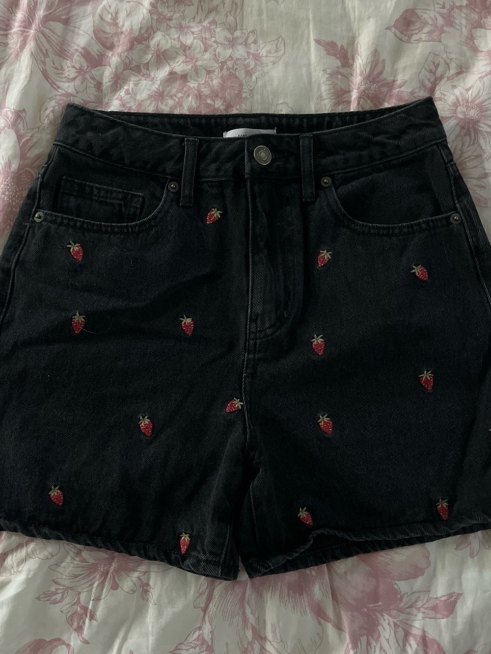 Forever 21 Black Denim Shorts with Red Strawberry Embroidery